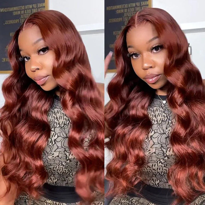 Reddish Brown 13x4 HD Lace Human Hair Wigs #33B Auburn Colored Body Wave Wigs