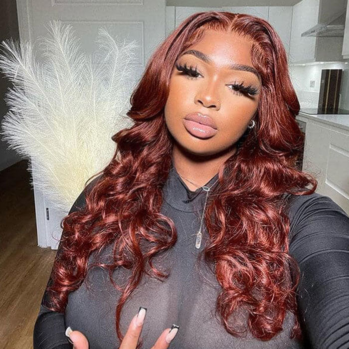 #33 Reddish Brown Human Hair Wigs 4x4 HD Lace Closure Wigs Natural Density Auburn Copper Color