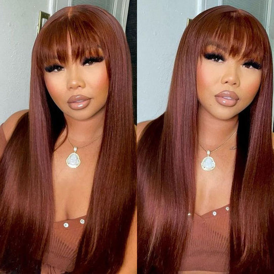 Reddish Brown Straight 13x4 Lace Front Wigs With Bangs Machine Made Human Hair Wigs Easy to Go