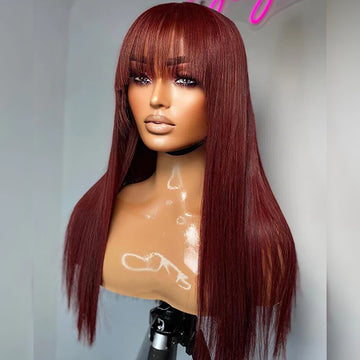 Reddish Brown Straight 13x4 Lace Front Wigs With Bangs Machine Made Human Hair Wigs Easy to Go