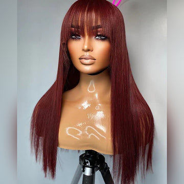 Reddish Brown Straight 13x4 Lace Front Wigs With Bangs Machine Made Human Hair Wigs Easy to Go