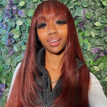 Reddish Brown Straight 13x4 Lace Front Wigs With Bangs Machine Made Human Hair Wigs Easy to Go