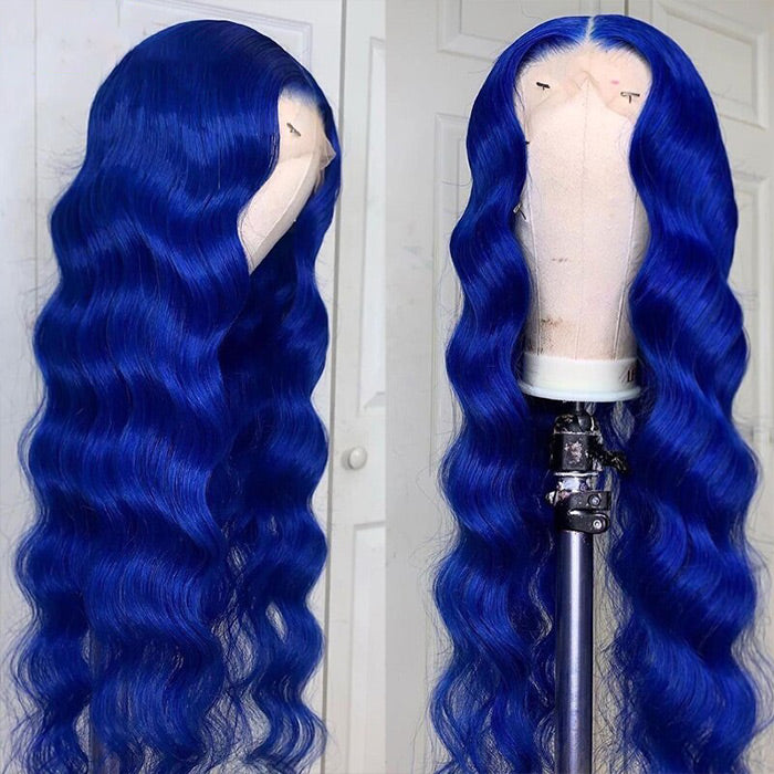 Long Straight Soft Hair Blue Body Wave Wigs For Women HD Lace Front Wigs Human Hair For Cosplay