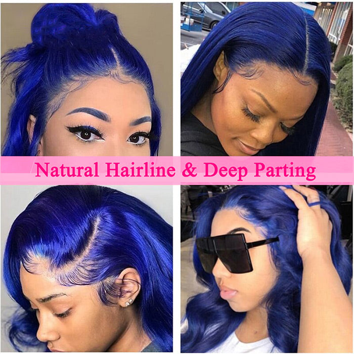 Long Straight Soft Hair Blue Body Wave Wigs For Women HD Lace Front Wigs Human Hair For Cosplay