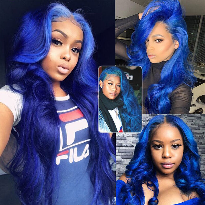 Long Straight Soft Hair Blue Body Wave Wigs For Women HD Lace Front Wigs Human Hair For Cosplay