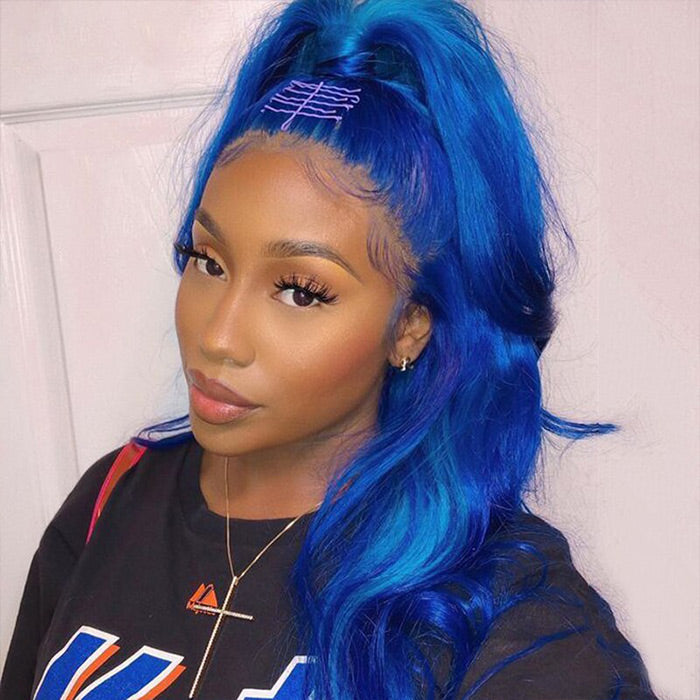 Long Straight Soft Hair Blue Body Wave Wigs For Women HD Lace Front Wigs Human Hair For Cosplay