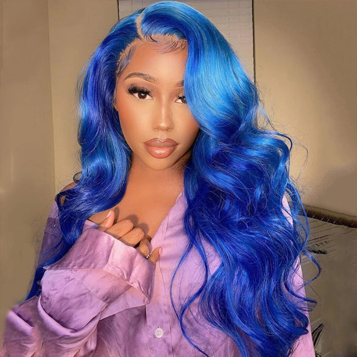 Long Straight Soft Hair Blue Body Wave Wigs For Women HD Lace Front Wigs Human Hair For Cosplay