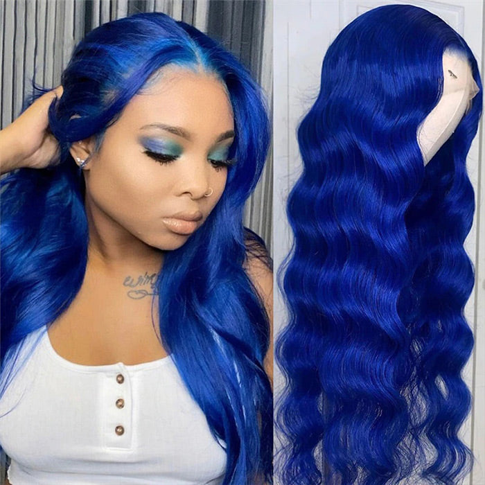 Long Straight Soft Hair Blue Body Wave Wigs For Women HD Lace Front Wigs Human Hair For Cosplay
