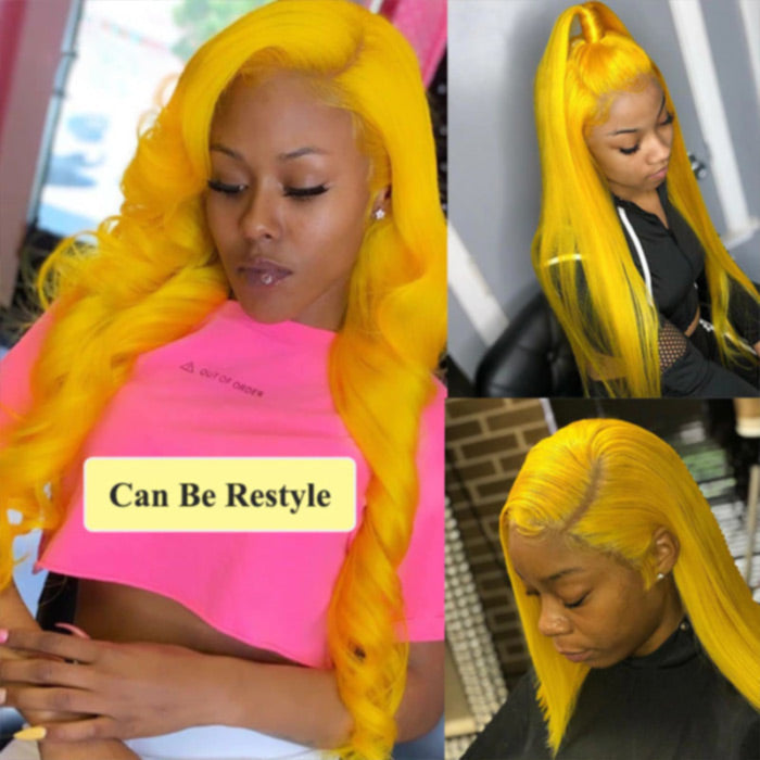 Yellow Colored Human Hair Wigs HD Lace Front Wigs Invisible Glueless Cosplay Wigs For Women