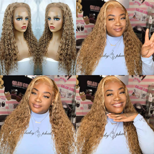 Water Wave Honey Blonde 13*4 13*6 HD Transparent Lace Frontal Wigs #27 Colored Human Hair Wigs For Women