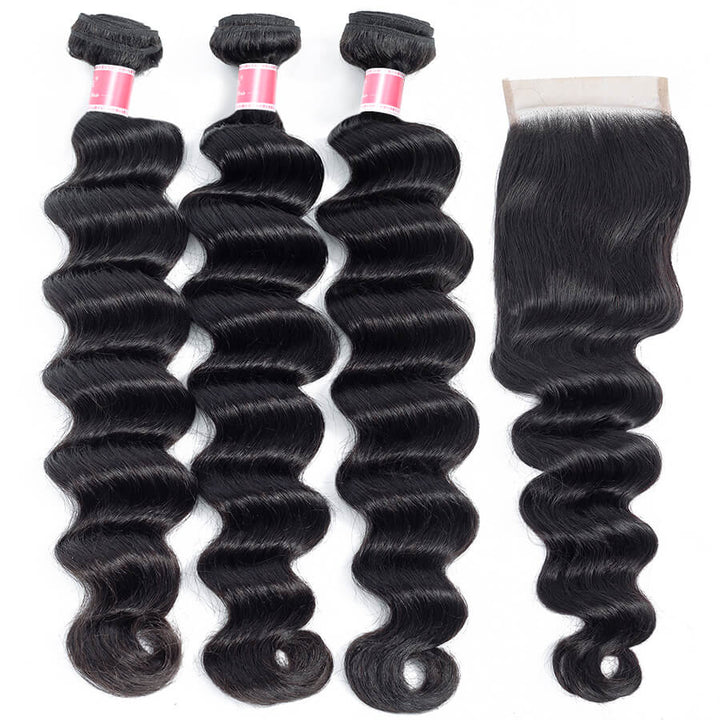 Brazilian Loose Deep Wave 3 Bundles with 4*4 Lace Closure Virgin Human Hair