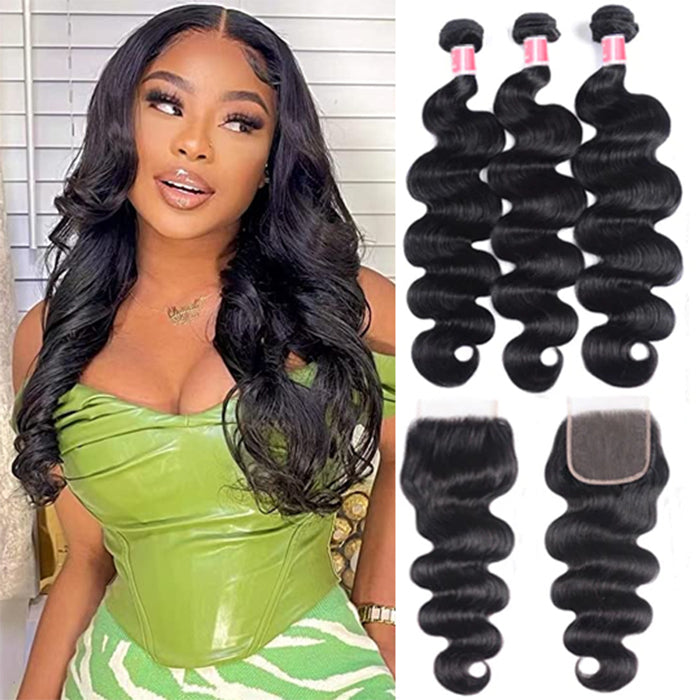 Peruvian Body Wave Virgin Hair 3 Bundles with Closure 100% Unprocess Human Hair Weave Bundles with Closure