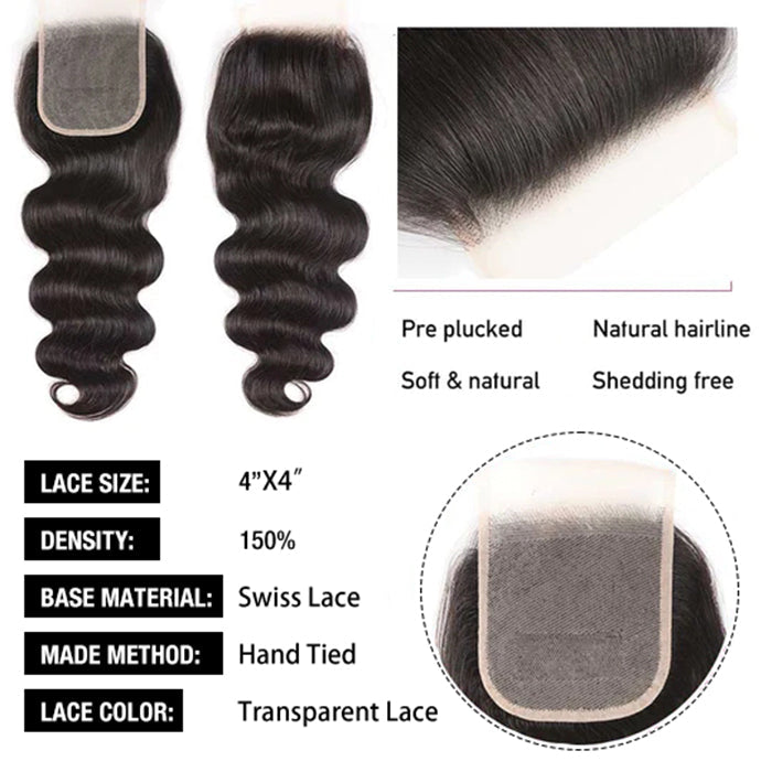 Peruvian Body Wave Virgin Hair 3 Bundles with Closure 100% Unprocess Human Hair Weave Bundles with Closure