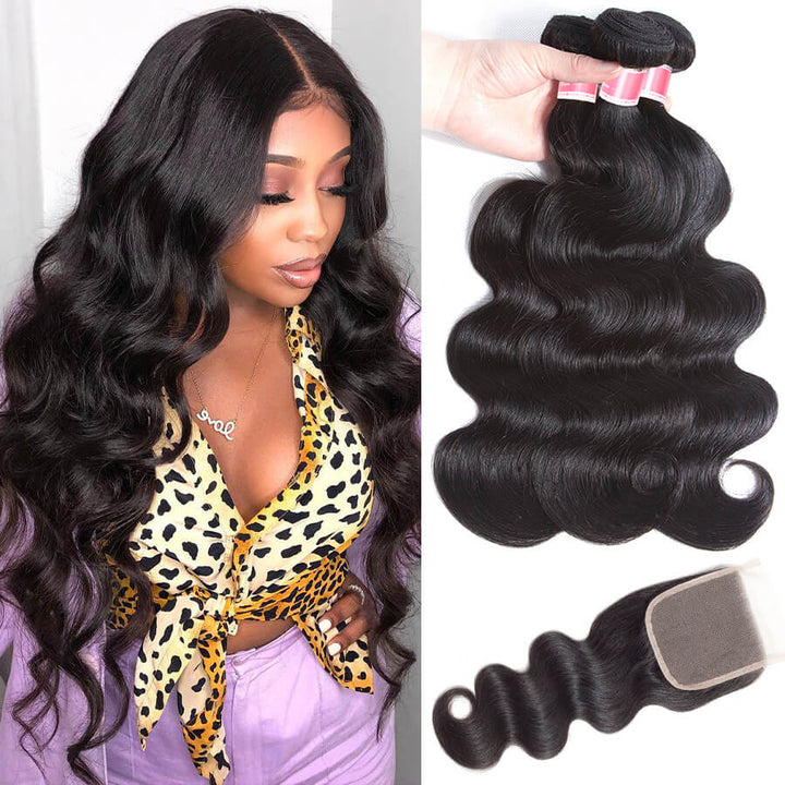 Brazilian Body Wave 3 Bundles with 4*4 Lace Closure Virgin Human Hair