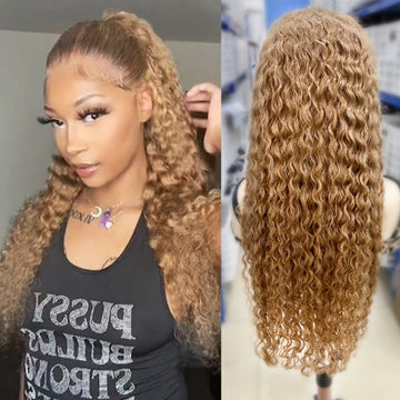 Deep Wave #27 Colored Human Hair Wigs Honey Blonde 13x4 13x6 HD Transparent Lace Frontal Wigs