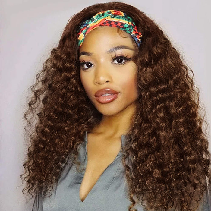 #4 Chocolate Brown Headband Wigs Virgin Human Hair No Gel No Glue Silk Scarf Wigs