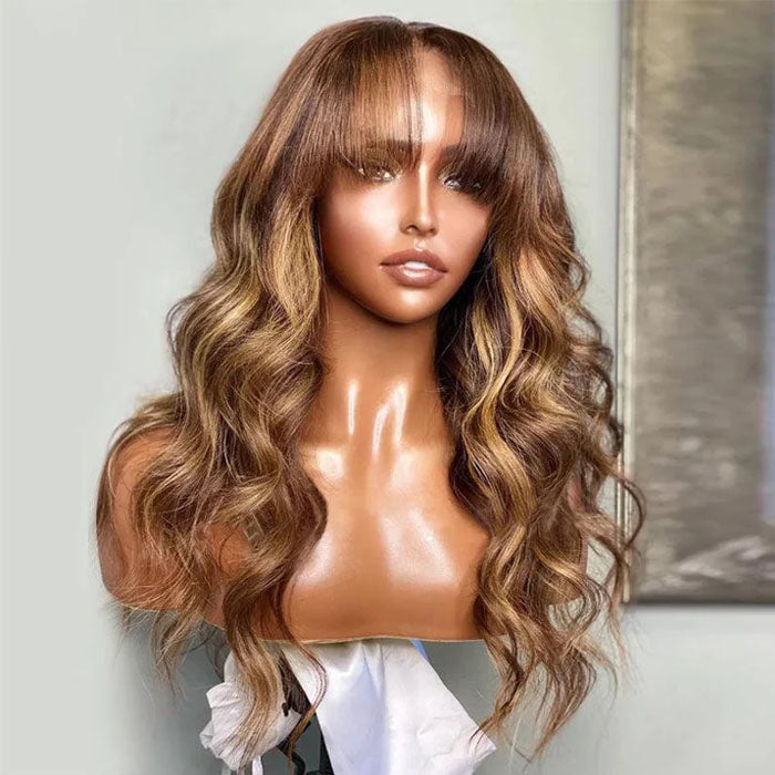 4/27 Honey Blond Highlight Body Wave Wigs With Bangs Full Machinemade Wigs/13x4/4x4 HD Lace Front Human Hair Wigs