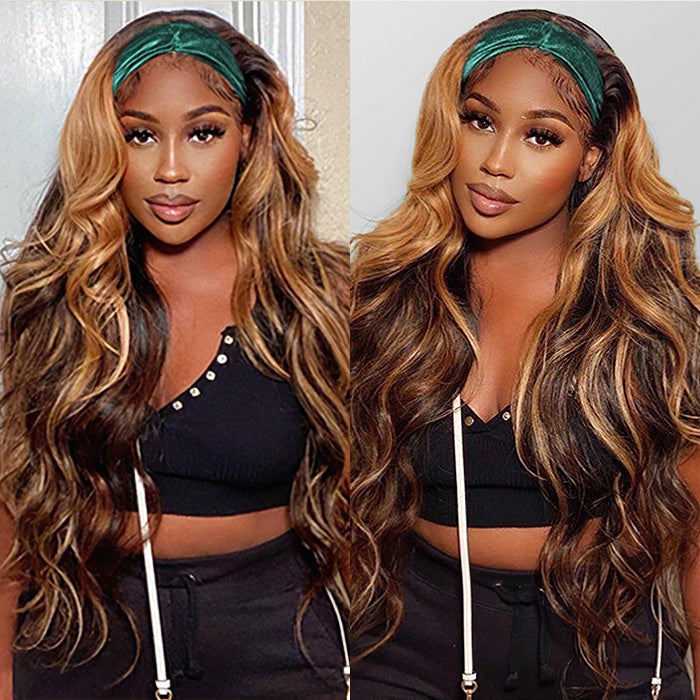 #4/27 Mix Color Highlights Headband Wigs 100% Virgin Human Hair No Gel No Glue Silk Scarf Wigs