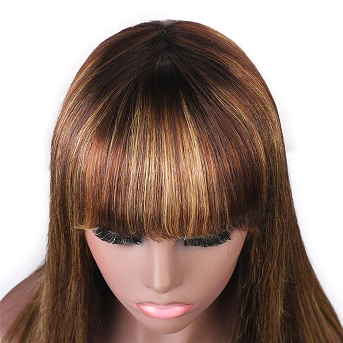 4/27 Honey Blond Highlight Straight Human Hair Wigs With Bangs Virgin Human Hair Lace Front Wigs