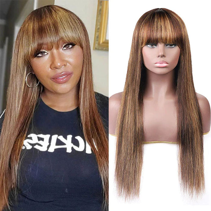 4/27 Honey Blond Highlight Straight Human Hair Wigs With Bangs Virgin Human Hair Lace Front Wigs