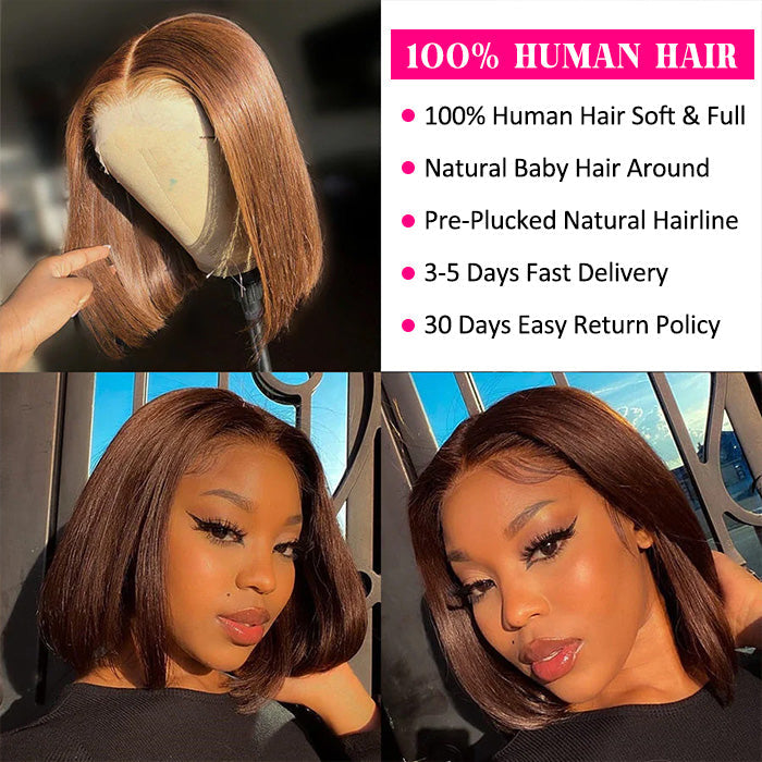 #4 Chocolate Brown Short Straight Bob 4x4/5x5 Lace Closure Wigs Human Virgin Hair 150% Density