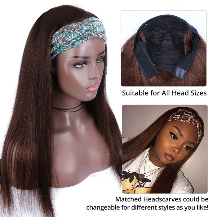 #4 Chocolate Brown Headband Wigs Virgin Human Hair No Gel No Glue Silk Scarf Wigs