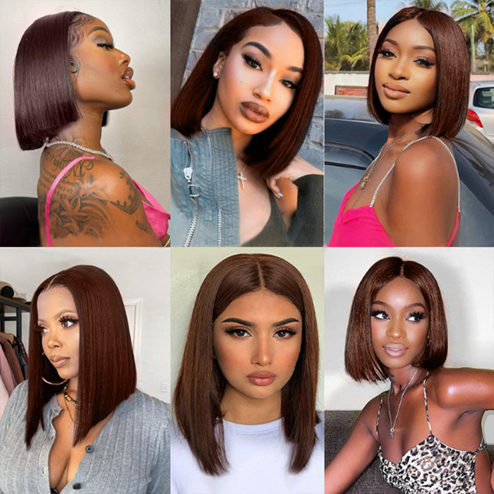 #4 Chocolate Brown Short Straight Bob 13x4/13x6 Lace Front Wigs Human Virgin Hair 150% Density