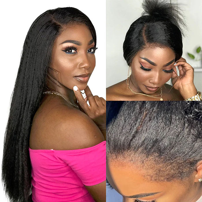 Natural 4C Edges Kinky Straight 5x5 HD Lace Front Wigs With 4C Hairline Kinky Edges