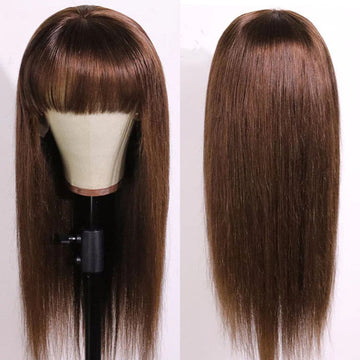 #4 Chocolate Brown Straight Wigs With Bangs Glueless Top 2x4 Lace Wigs With Bangs