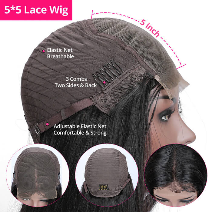 5x5 HD Invisible Lace Closure Wigs Straight Hair Glueless Human Hair Wigs For Women