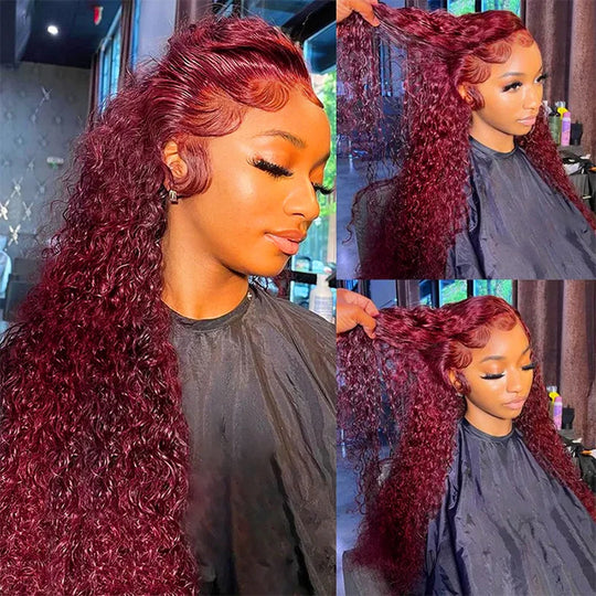 99J Burgundy Color 13x4 HD Lace Front Wigs Pre Plucked Long Curly Virgin Human Hair Wigs