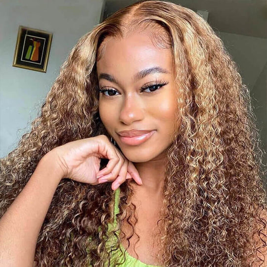 Highlight Curly Lace Front Wigs #4/27 Color Brazilian Remy Human Hair Wigs Pre Plucked