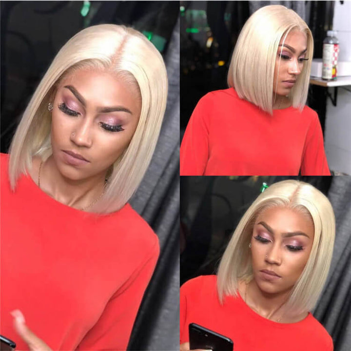 613 Blonde Straight Bob Wigs Human Hair Pre Plucked Glueless Lace Wigs