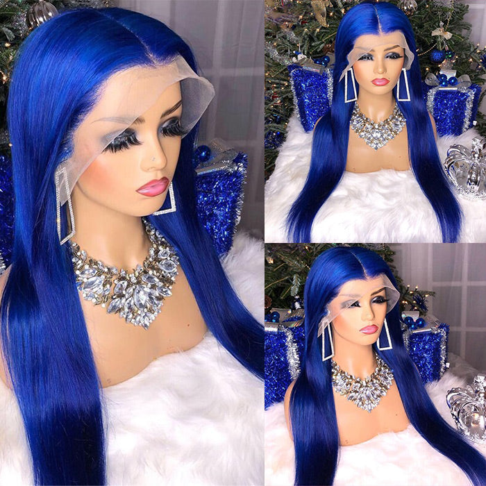 Blue Color 13x4 HD Lace Front Wigs Pre-Plucked Brazilian Remy Straight Human Hair Wigs for Women