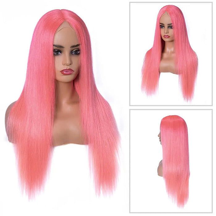 13x4 HD Lace Frontal Human Hair Wigs Straight Pink Color Wigs For Women Pre Plucked Bleached Knots