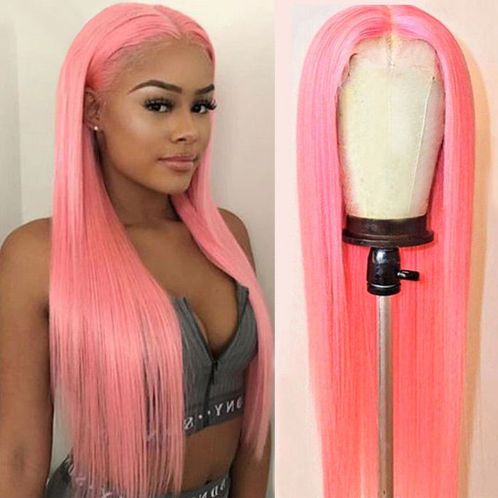 13x4 HD Lace Frontal Human Hair Wigs Straight Pink Color Wigs For Women Pre Plucked Bleached Knots