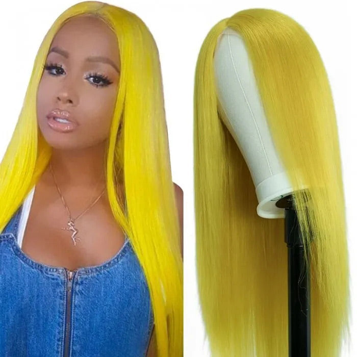 Yellow Colored Human Hair Wigs HD Lace Front Wigs Invisible Glueless Cosplay Wigs For Women