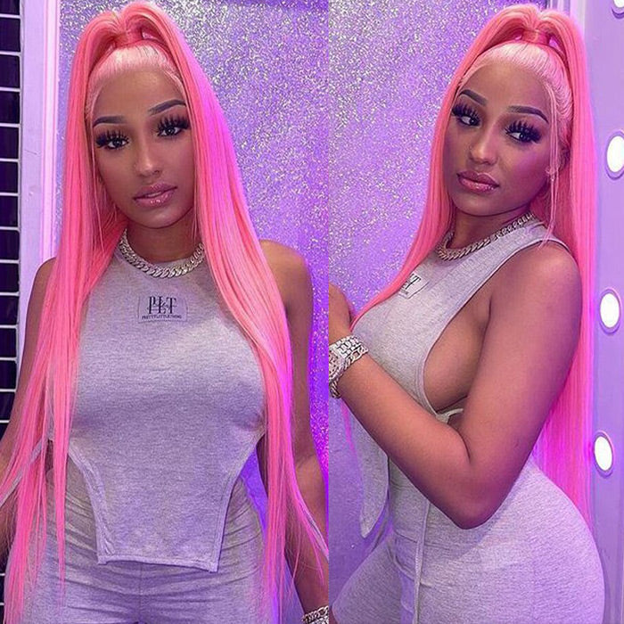 13x4 HD Lace Frontal Human Hair Wigs Straight Pink Color Wigs For Women Pre Plucked Bleached Knots