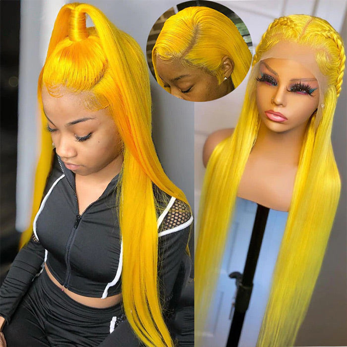 Yellow Colored Human Hair Wigs HD Lace Front Wigs Invisible Glueless Cosplay Wigs For Women