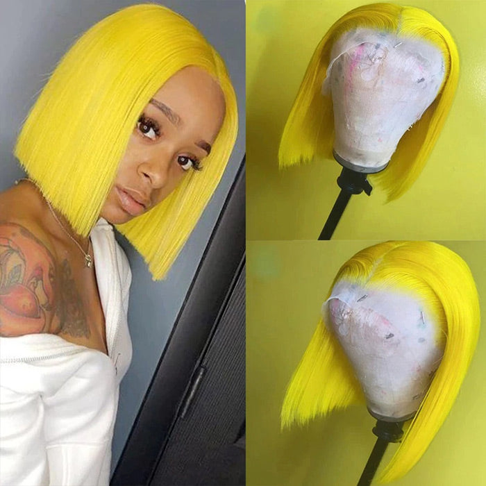 Yellow Straight Human Hair Bob Wigs 13x4 Brazilian Remy Colored Short Bob Wigs Glueless Human Hair Wigs