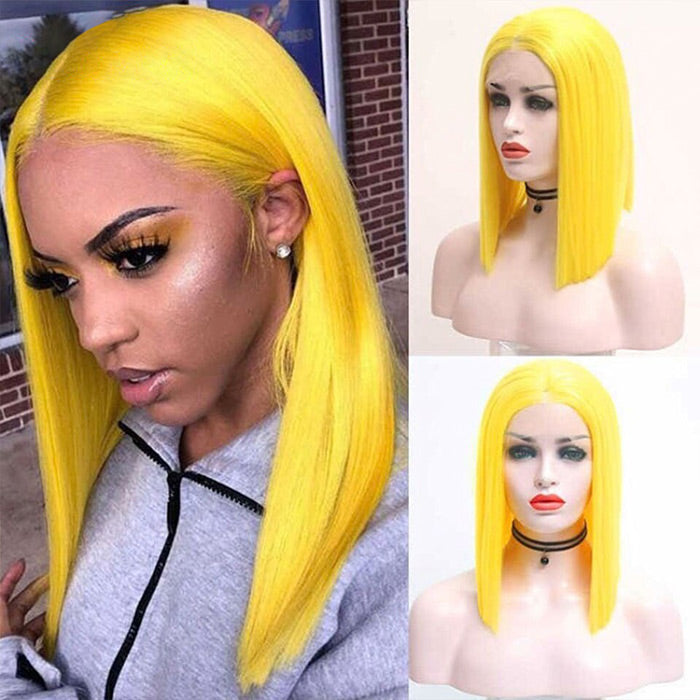 Yellow Straight Human Hair Bob Wigs 13x4 Brazilian Remy Colored Short Bob Wigs Glueless Human Hair Wigs