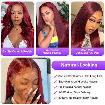 13x6 HD Lace Front Wigs Human Hair Wigs 99J Red Burgundy Pre-Plucked Remy Human Hair Deep Part Wigs