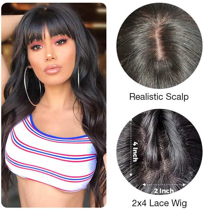 Body Wave Human Hair Wigs With Bangs Glueless Wigs Top 2X4 Lace Wigs For Women