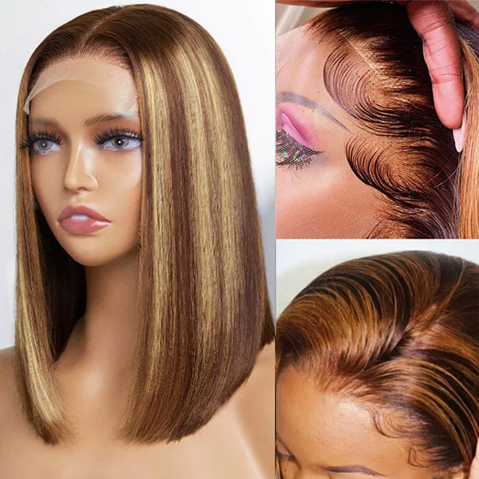 P4/27 Highlight Short Straight Bob 4x4 Lace Closure Wigs 100% Human Virgin Hair 150% Density