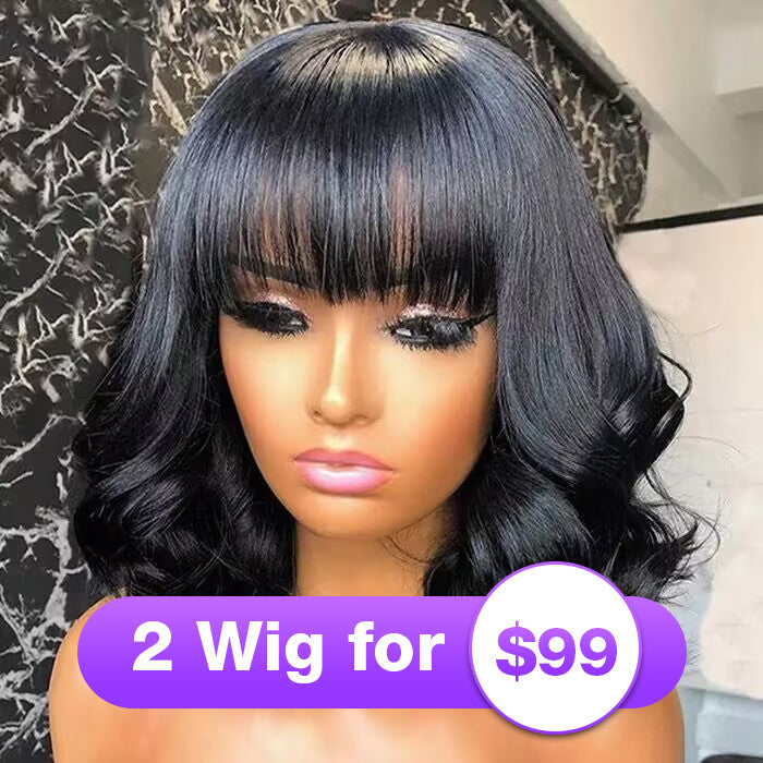 Body Wave Short Bob Wigs With Bangs Full Machinemade Wigs Glueless Human Hair Wigs Put On & Go