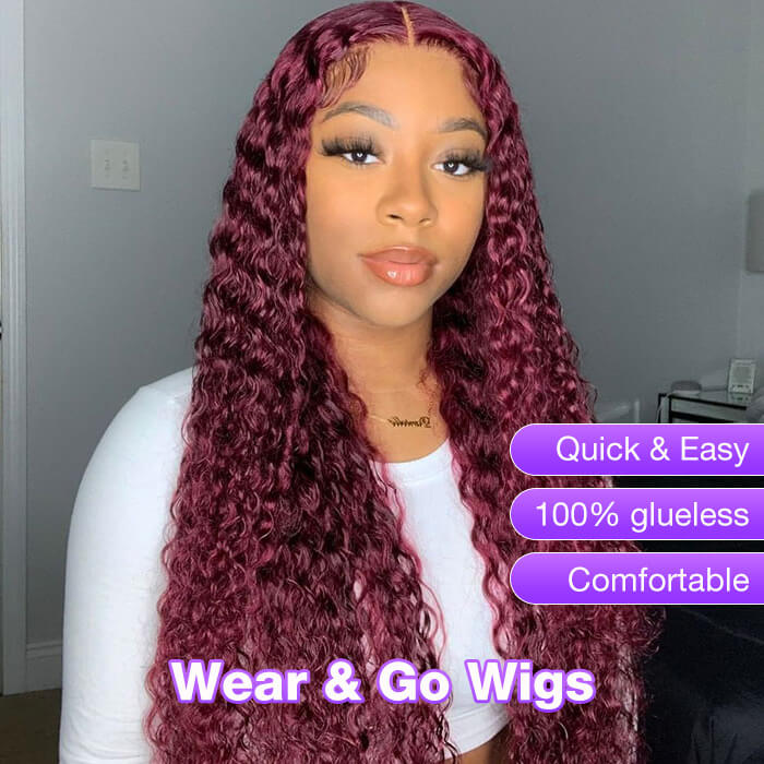 #99J Burgundy Wigs Deep Wave Glueless Wear & Go Pre Cut Lace Closure Wigs with Natural Hairline
