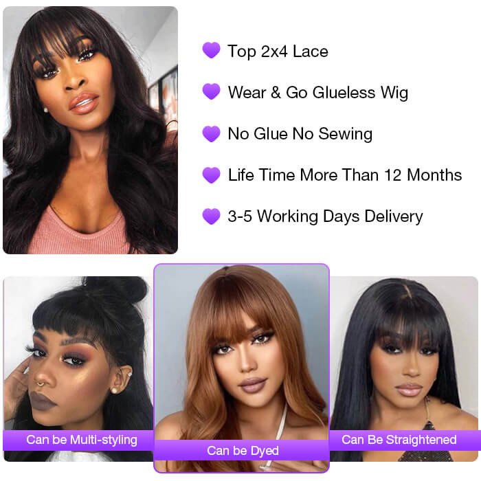 Body Wave Human Hair Wigs With Bangs Glueless Wigs Top 2X4 Lace Wigs For Women
