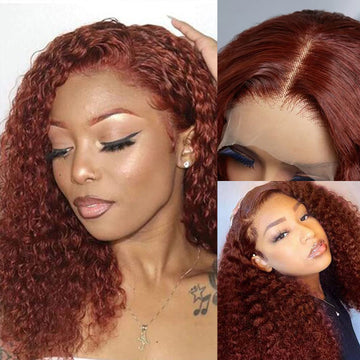 Reddish Brown Color Curly Short Bob Wigs 13X413x6 HD Lace Front Human Hair Wigs Pre-Plucked Hairline