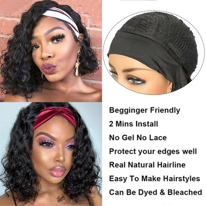 Water Wave Hair Headband Bob Wigs Human Hair Half Wigs 10-14 Inch Human Hair Headband Wigs