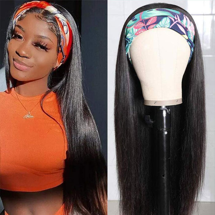 Headband Wigs Straight Human Hair No Gel No Glue Silk Scarf Wigs